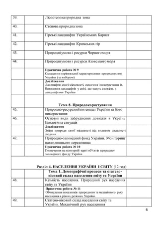 6
39. Лісостеповаприродна зона
40. Степова природназона
41. Гірські ландшафти Українських Карпат
42. Гірські ландшафти Кримських гір
43. Природніумови і ресурсиЧорногоморя
44. Природніумови і ресурсиАзовськогоморя
Практична робота № 9
Складання порівняльної характеристики природнихзон
України (за вибором)
Дослідження
Ландшафти своєї місцевості, освоєння і використання їх.
Виявлення ландшафтів у світі, що мають схожість з
ландшафтами України
Тема 8. Природокористування
45. Природно-ресурснийпотенціал України та його
використання
46. Основні види забруднення довкілля в Україні.
Екологічна ситуація
Дослідження
Зміни природи своєї місцевості під впливом діяльності
людини
47. Природно-заповідний фонд України. Моніторинг
навколишнього середовища
Практична робота № 10
Позначення на контурній карті об’єктів природно-
заповідного фонду України
Розділ 4. НАСЕЛЕННЯ УКРАЇНИ І СВІТУ (12 год)
Тема 1. Демографічні процеси та статево-
віковий склад населення світу та України
48. Кількість населення. Природний рух населення
світу та України
Практична робота № 11
Обчислення показників природного та механічного руху
населення в різних регіонах України.
49. Статево-віковий склад населення світу та
України. Механічний рух населенння
 