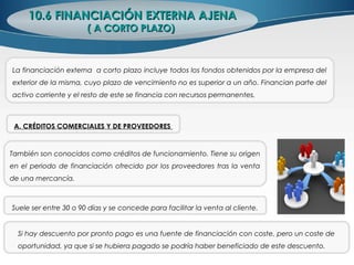 10.6 FINANCIACIÓN EXTERNA AJENA10.6 FINANCIACIÓN EXTERNA AJENA
( A CORTO PLAZO)( A CORTO PLAZO)
La financiación externa a corto plazo incluye todos los fondos obtenidos por la empresa del
exterior de la misma, cuyo plazo de vencimiento no es superior a un año. Financian parte del
activo corriente y el resto de este se financia con recursos permanentes.
A. CRÉDITOS COMERCIALES Y DE PROVEEDORES
También son conocidos como créditos de funcionamiento. Tiene su origen
en el periodo de financiación ofrecido por los proveedores tras la venta
de una mercancía.
Suele ser entre 30 o 90 días y se concede para facilitar la venta al cliente.
Si hay descuento por pronto pago es una fuente de financiación con coste, pero un coste de
oportunidad, ya que si se hubiera pagado se podría haber beneficiado de este descuento.
 