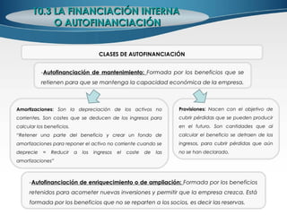 CLASES DE AUTOFINANCIACIÓN
-Autofinanciación de mantenimiento: Formada por los beneficios que se
retienen para que se mantenga la capacidad económica de la empresa.
Amortizaciones: Son la depreciación de los activos no
corrientes. Son costes que se deducen de los ingresos para
calcular los beneficios.
“Retener una parte del beneficio y crear un fondo de
amortizaciones para reponer el activo no corriente cuando se
deprecie = Reducir a los ingresos el coste de las
amortizaciones”
10.3 LA FINANCIACIÓN INTERNA10.3 LA FINANCIACIÓN INTERNA
O AUTOFINANCIACIÓNO AUTOFINANCIACIÓN
Provisiones: Nacen con el objetivo de
cubrir pérdidas que se pueden producir
en el futuro. Son cantidades que al
calcular el beneficio se detraen de los
ingresos, para cubrir pérdidas que aún
no se han declarado.
-Autofinanciación de enriquecimiento o de ampliación: Formada por los beneficios
retenidos para acometer nuevas inversiones y permitir que la empresa crezca. Está
formada por los beneficios que no se reparten a los socios, es decir las reservas.
 
