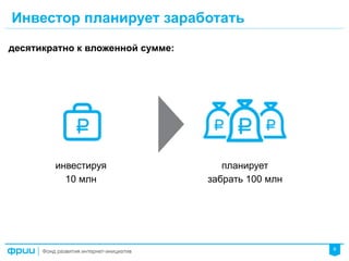6
Инвестор планирует заработать
десятикратно к вложенной сумме:
инвестируя
10 млн
планирует
забрать 100 млн
 