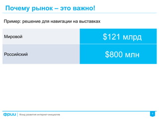 9
Почему рынок – это важно!
Пример: решение для навигации на выставках
Мировой $121 млрд
Российский $800 млн
 