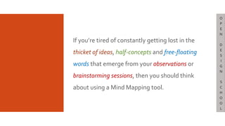 If you’re tired of constantly getting lost in the
thicket of ideas, half-concepts and free-floating
words that emerge from your observations or
brainstorming sessions, then you should think
about using a Mind Mapping tool.
O
P
E
N
D
E
S
I
G
N
S
C
H
O
O
L
 