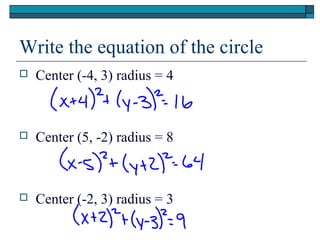 Write the equation of the circle
 Center (-4, 3) radius = 4
 Center (5, -2) radius = 8
 Center (-2, 3) radius = 3
 
