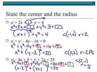 State the center and the radius
 x2
+ 2x + 1 + y2
= 4
 x2
+ y2
– 4y – 16 = 0
 x2
– 4x + 5 + y2
+ 2y = 25
 