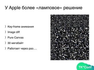 У Apple более «ламповое» решение
〉Key-frame анимания
〉Image diff
〉Pure Canvas
〉30 мегабайт
〉Работает через раз….
11
 