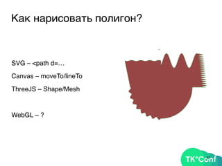 Как нарисовать полигон?
SVG – <path d=…
Canvas – moveTo/lineTo
ThreeJS – Shape/Mesh
WebGL – ?
37
 