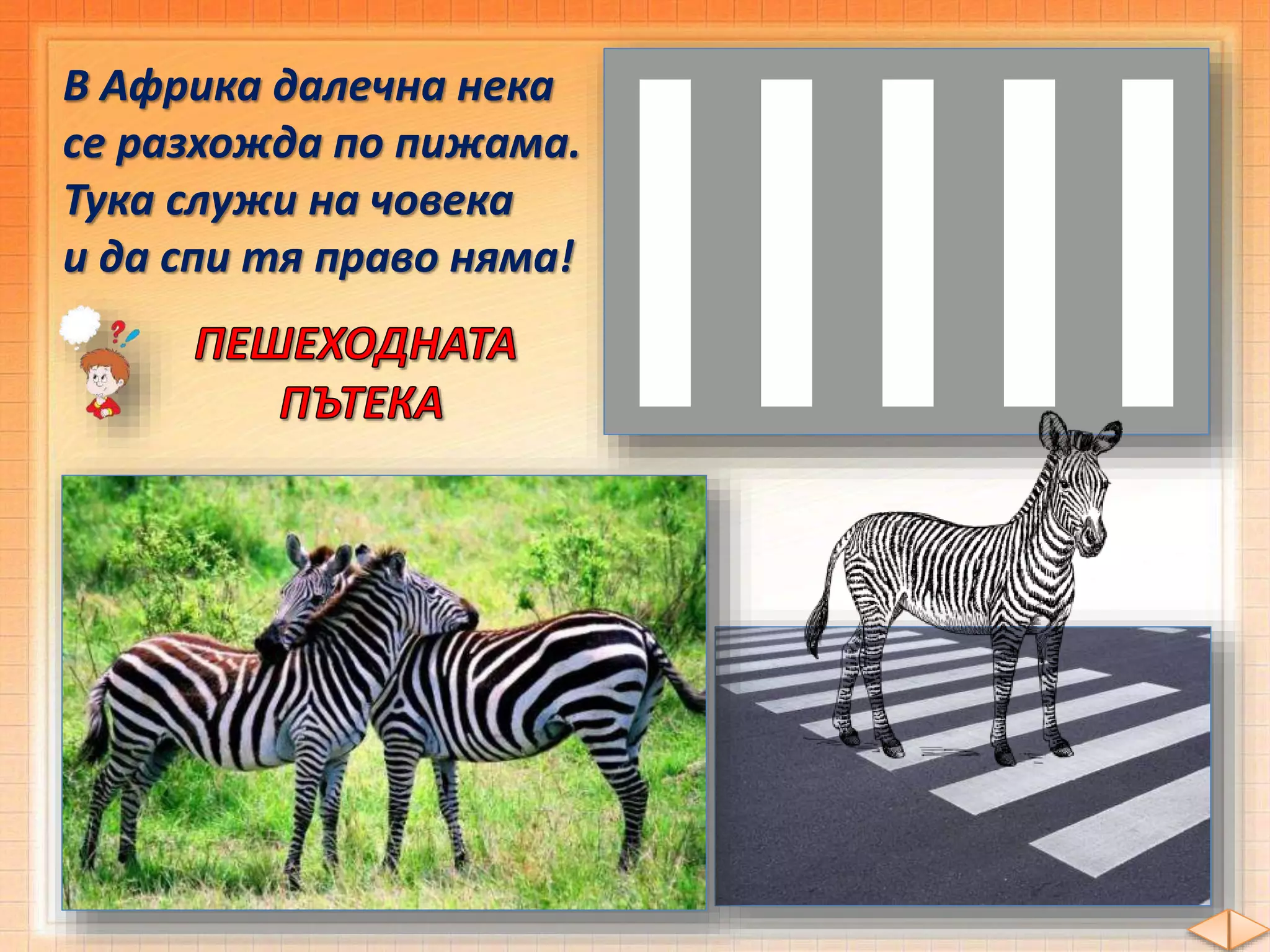 В Африка далечна нека
се разхожда по пижама.
Тука служи на човека
и да спи тя право няма!
 