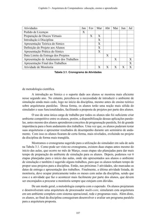 Atividades Jan Fev Mar Abr Mai Jun Jul
Pedido de Licenças X
Preparação de Discos Virtuais X X
Introdução à Disciplina X
Apresentação Teórica do Simics X
Deﬁnição do Projeto aos Alunos X
Apresentação Prática do Simics X
Data Limite da Entrega dos Projetos X
Apresentação de Andamento dos Trabalhos X X
Apresentação Final dos Trabalhos X
Atividade de Monitoria X X X X X
Tabela 3.1. Cronograma de Atividades
de metodologia cientíﬁca.
A introdução ao Simics e o suporte dado aos alunos se mostrou mais eﬁciente
nesse segundo ano. No entanto, percebeu-se a necessidade de introduzir o ambiente de
simulação ainda mais cedo, logo no início da disciplina, mesmo antes do ensino teórico
sobre arquiteturas paralelas. Dessa forma, os alunos terão uma noção mais sólida do
simulador e suas funcionalidades, facilitando a proposta de projetos por parte dos alunos.
O uso de uma única carga de trabalho por todos os alunos não foi suﬁciente criar
ambiente competitivo entre os alunos, porém, a disponibilização dessas aplicações parale-
las, antes mesmo dos alunos aprenderem conceitos de programação paralela, foi de grande
importância para o bom andamento dos trabalhos. Uma vez que, os alunos puderam testar
suas arquiteturas e apresentar resultados de desempenho durante um seminário de anda-
mento. Com isso os alunos ﬁcaram de certa forma, mais nivelados, evoluindo no projeto
da disciplina de forma mais tranqüila.
Mostramos o cronograma sugerido para a utilização do simulador em sala de aula
na Tabela 3.1. Como pode ser visto no cronograma, existem duas etapas antes mesmo do
início das aulas, que ocorre no mês de Março, essas etapas são planejadas para dar mais
tempo de preparação do ambiente de simulação para os alunos. Depois, podemos ver 6
etapas planejadas para o início das aulas, onde são apresentados aos alunos o ambiente
de simulação e também é sugerido alguns trabalhos, para que os alunos tenham tempo de
propor seus projetos para a disciplina. Então, nas próximas 3 atividades, são marcadas as
datas de entrega e apresentação dos trabalhos. Finalmente, a última atividade listada, de
monitoria, deve ocupar praticamente todos os meses com aulas da disciplina, sendo que
essa e a atividade que faz o acontecer mais facilmente por parte dos alunos, que devem
ser encorajados a procurar a monitoria sempre que estejam com dúvidas.
De um modo geral, a metodologia cumpriu com o esperado. Os alunos projetaram
e desenvolveram uma arquitetura de processador multi-core, simularam esta arquitetura
em um ambiente completo com sistema operacional, rede e programas reais. Além disto,
os alunos, ao ﬁnal da disciplina conseguiram desenvolver e avaliar um programa paralelo
para a arquitetura proposta.
Capítulo 3 - Arquitetura de Computadores: educação, ensino e aprendizado
107
 