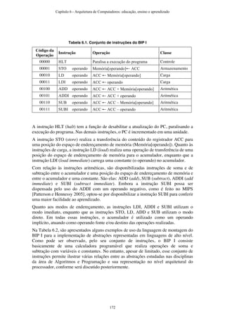 Tabela 6.1. Conjunto de instruções do BIP I
Código da
Operação
Instrução Operação Classe
00000 HLT Paralisa a execução do programa Controle
00001 STO operando Memória[operando]← ACC Armazenamento
00010 LD operando ACC ← Memória[operando] Carga
00011 LDI operando ACC ← operando Carga
00100 ADD operando ACC ← ACC + Memória[operando] Aritmética
00101 ADDI operando ACC ← ACC + operando Aritmética
00110 SUB operando ACC ← ACC – Memória[operando] Aritmética
00111 SUBI operando ACC ← ACC – operando Aritmética
A instrução HLT (halt) tem a função de desabilitar a atualização do PC, paralisando a
execução do programa. Nas demais instruções, o PC é incrementado em uma unidade.
A instrução STO (store) realiza a transferência do conteúdo do registrador ACC para
uma posição do espaço de endereçamento de memória (Memória[operando]). Quanto às
instruções de carga, a instrução LD (load) realiza uma operação de transferência de uma
posição do espaço de endereçamento de memória para o acumulador, enquanto que a
instrução LDI (load immediate) carrega uma constante (o operando) no acumulador.
Com relação às instruções aritméticas, são disponibilizadas instruções de soma e de
subtração entre o acumulador e uma posição do espaço de endereçamento de memória e
entre o acumulador e uma constante. São elas: ADD (add), SUB (subtract), ADDI (add
immediate) e SUBI (subtract immediate). Embora a instrução SUBI possa ser
dispensada pelo uso do ADDI com um operando negativo, como é feito no MIPS
[Patterson e Hennessy 2005], optou-se por disponibilizar a instrução SUBI para conferir
uma maior facilidade ao aprendizado.
Quanto aos modos de endereçamento, as instruções LDI, ADDI e SUBI utilizam o
modo imediato, enquanto que as instruções STO, LD, ADD e SUB utilizam o modo
direto. Em todas essas instruções, o acumulador é utilizado como um operando
implícito, atuando como operando fonte e/ou destino das operações realizadas.
Na Tabela 6.2, são apresentados alguns exemplos de uso da linguagem de montagem do
BIP I para a implementação de abstrações representadas em linguagens de alto nível.
Como pode ser observado, pelo seu conjunto de instruções, o BIP I consiste
basicamente de uma calculadora programável que realiza operações de soma e
subtração com variáveis e constantes. No entanto, apesar de limitado, esse conjunto de
instruções permite ilustrar várias relações entre as abstrações estudadas nas disciplinas
da área de Algoritmos e Programação e sua representação no nível arquitetural do
processador, conforme será discutido posteriormente.
Capítulo 6 - Arquitetura de Computadores: educação, ensino e aprendizado
172
 