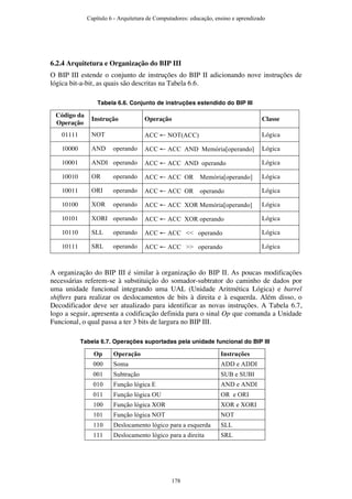 6.2.4 Arquitetura e Organização do BIP III
O BIP III estende o conjunto de instruções do BIP II adicionando nove instruções de
lógica bit-a-bit, as quais são descritas na Tabela 6.6.
Tabela 6.6. Conjunto de instruções estendido do BIP III
Código da
Operação
Instrução Operação Classe
01111 NOT ACC ← NOT(ACC) Lógica
10000 AND operando ACC ← ACC AND Memória[operando] Lógica
10001 ANDI operando ACC ← ACC AND operando Lógica
10010 OR operando ACC ← ACC OR Memória[operando] Lógica
10011 ORI operando ACC ← ACC OR operando Lógica
10100 XOR operando ACC ← ACC XOR Memória[operando] Lógica
10101 XORI operando ACC ← ACC XOR operando Lógica
10110 SLL operando ACC ← ACC << operando Lógica
10111 SRL operando ACC ← ACC >> operando Lógica
A organização do BIP III é similar à organização do BIP II. As poucas modificações
necessárias referem-se à substituição do somador-subtrator do caminho de dados por
uma unidade funcional integrando uma UAL (Unidade Aritmética Lógica) e barrel
shifters para realizar os deslocamentos de bits à direita e à esquerda. Além disso, o
Decodificador deve ser atualizado para identificar as novas instruções. A Tabela 6.7,
logo a seguir, apresenta a codificação definida para o sinal Op que comanda a Unidade
Funcional, o qual passa a ter 3 bits de largura no BIP III.
Tabela 6.7. Operações suportadas pela unidade funcional do BIP III
Op Operação Instruções
000 Soma ADD e ADDI
001 Subtração SUB e SUBI
010 Função lógica E AND e ANDI
011 Função lógica OU OR e ORI
100 Função lógica XOR XOR e XORI
101 Função lógica NOT NOT
110 Deslocamento lógico para a esquerda SLL
111 Deslocamento lógico para a direita SRL
Capítulo 6 - Arquitetura de Computadores: educação, ensino e aprendizado
178
 