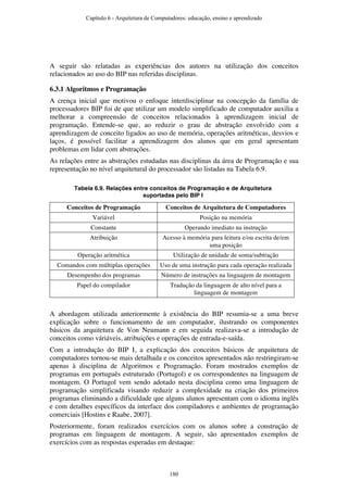 A seguir são relatadas as experiências dos autores na utilização dos conceitos
relacionados ao uso do BIP nas referidas disciplinas.
6.3.1 Algoritmos e Programação
A crença inicial que motivou o enfoque interdisciplinar na concepção da família de
processadores BIP foi de que utilizar um modelo simplificado de computador auxilia a
melhorar a compreensão de conceitos relacionados à aprendizagem inicial de
programação. Entende-se que, ao reduzir o grau de abstração envolvido com a
aprendizagem de conceito ligados ao uso de memória, operações aritméticas, desvios e
laços, é possível facilitar a aprendizagem dos alunos que em geral apresentam
problemas em lidar com abstrações.
As relações entre as abstrações estudadas nas disciplinas da área de Programação e sua
representação no nível arquitetural do processador são listadas na Tabela 6.9.
Tabela 6.9. Relações entre conceitos de Programação e de Arquitetura
suportadas pelo BIP I
Conceitos de Programação Conceitos de Arquitetura de Computadores
Variável Posição na memória
Constante Operando imediato na instrução
Atribuição Acesso à memória para leitura e/ou escrita de/em
uma posição
Operação aritmética Utilização de unidade de soma/subtração
Comandos com múltiplas operações Uso de uma instrução para cada operação realizada
Desempenho dos programas Número de instruções na linguagem de montagem
Papel do compilador Tradução da linguagem de alto nível para a
linguagem de montagem
A abordagem utilizada anteriormente à existência do BIP resumia-se a uma breve
explicação sobre o funcionamento de um computador, ilustrando os componentes
básicos da arquitetura de Von Neumann e em seguida realizava-se a introdução de
conceitos como váriáveis, atribuições e operações de entrada-e-saída.
Com a introdução do BIP I, a explicação dos conceitos básicos de arquitetura de
computadores tornou-se mais detalhada e os conceitos apresentados não restringiram-se
apenas à disciplina de Algoritmos e Programação. Foram mostrados exemplos de
programas em português estruturado (Portugol) e os correspondentes na linguagem de
montagem. O Portugol vem sendo adotado nesta disciplina como uma linguagem de
programação simplificada visando reduzir a complexidade na criação dos primeiros
programas eliminando a dificuldade que alguns alunos apresentam com o idioma inglês
e com detalhes específicos da interface dos compiladores e ambientes de programação
comerciais [Hostins e Raabe, 2007].
Posteriormente, foram realizados exercícios com os alunos sobre a construção de
programas em linguagem de montagem. A seguir, são apresentados exemplos de
exercícios com as respostas esperadas em destaque:
Capítulo 6 - Arquitetura de Computadores: educação, ensino e aprendizado
180
 