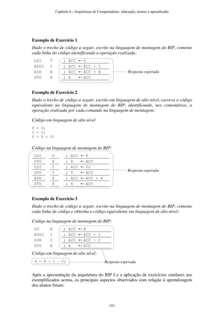 Exemplo de Exercício 1
Dado o trecho de código a seguir, escrito na linguagem de montagem do BIP, comente
cada linha do código identificando a operação realizada:
LDI 0 ; ACC ← 0
ADDI 1 ; ACC ← ACC + 1
ADD B ; ACC ← ACC + B
STO A ; A ← ACC
Exemplo de Exercício 2
Dado o trecho de código a seguir, escrito em linguagem de alto nível, escreva o código
equivalente na linguagem de montagem do BIP, identificando, nos comentários, a
operação realizada por cada comando na linguagem de montagem:
Código em linguagem de alto nível
X = 0;
Y = 2;
X = X + Y;
Código na linguagem de montagem do BIP:
LDI 0 ; ACC ← 0
STO X ; X ← ACC
LDI 2 ; ACC ← 02
STO Y ; Y ← ACC
ADD X ; ACC ← ACC + X
STO X ; X ← ACC
Exemplo de Exercício 3
Dado o trecho de código a seguir, escrito na linguagem de montagem do BIP, comente
cada linha de código e obtenha o código equivalente em linguagem de alto nível:
Código na linguagem de montagem do BIP:
LD B ; ACC ← B
ADDI 1 ; ACC ← ACC + 1
SUB C ; ACC ← ACC – C
STO A ; A ← ACC
Código em linguagem de alto nível:
A = B + 1 – C;
Após a apresentação da arquitetura do BIP I e a aplicação de exercícios similares aos
exemplificados acima, os principais aspectos observados com relação à aprendizagem
dos alunos foram:
Resposta esperada
Resposta esperada
Resposta esperada
Capítulo 6 - Arquitetura de Computadores: educação, ensino e aprendizado
181
 