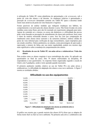 à utilização do Tablet PC como plataforma de apresentação e de screencasts, sob o
ponto de vista dos alunos e do docente. As mudanças relativas à apresentação e
gravação de screencasts demandam somente um Tablet PC (para o docente) sendo
muito mais atrativas do ponto de vista financeiro e logístico.
Foram passíveis de análise medidas que indiquem mudanças nos hábitos, no
comportamento e na motivação dos alunos durante o curso. Não foram levadas em conta
medidas como notas finais, pois não foi montado um experimento adequado para tanto.
Apesar do conteúdo ser o mesmo, os cursos são dinâmicos e a dificuldade das provas
pode variar baseada na percepção do entendimento da classe pelo professor, bem como
o ritmo da matéria ministrada durante o curso. Isso faz com que comparações de
rendimento entre alunos desse semestre e de semestres distintos, embora válidas do
ponto de vista informal para verificação de algo extraordinário, sejam impróprias para
um estudo científico. Outros parâmetros, no entanto, como porcentagens de aprovação e
reprovação e número de faltas, por sua maior regularidade, podem nos mostrar algo
mais significativo sobre a mudança de comportamento dos alunos.
4.1. Resultados do uso do Tablet PC em aulas ativas e colaborativas: Visão dos
alunos
Para avaliar como os alunos reagiram à nova metodologia das aulas, foi aplicado um
questionário ao final do curso. Dos 79 alunos matriculados na disciplina, 49
responderam a esse questionário. As respostas foram organizadas segundo a escala de
Likert, com 5 gradações, sendo o texto ajustado quando necessário.
O primeiro parâmetro medido, relativo ao uso de Tablet PCs em aulas ativas e
colaborativas, é a dificuldade de adaptação dos alunos a esse novo ambiente. A figura 7
mostra os resultados obtidos:
Figura 7 – Dificuldade de adaptação dos alunos ao ambiente ativo e
colaborativo
O gráfico nos mostra que a grande maioria dos alunos (81%) disse que se adaptou de
forma muito fácil ou fácil ao novo ambiente. Na primeira aula ativa e colaborativa são
Capítulo 1 - Arquitetura de Computadores: educação, ensino e aprendizado
15
 
