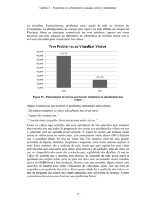 da disciplina. Eventualmente, problemas como queda de rede no Instituto de
Computação, ou desligamentos de energia para reparos na rede elétrica do campus da
Unicamp, foram os principais responsáveis por esse problema. Apenas um aluno
reclamou que uma máquina do laboratório de informática do instituto estava sem o
software necessário para visualização dos vídeos.
Figura 15 – Percentagem de alunos que tiveram problemas na visualização dos
vídeos
Alguns comentários que ilustram os problemas enfrentados pelos alunos:
“Em alguns momentos os vídeos não abriam, mas eram raros.”
“Alguns não carregavam.”
“Conexão lenta atrapalha. Seria interessante poder baixar.”
Como os vídeos aqui referidos são uma reprodução da tela projetada pelo instrutor
sincronizada com seu áudio, foi perguntado aos alunos se a qualidade dos vídeos era boa
o suficiente para ser assistida posteriormente. A figura 16 mostra que nenhum aluno
achou os vídeos ruins ou muito ruins, com praticamente todos alunos (94%) dizendo
que a qualidade destes foi boa ou muito boa. Em matérias onde há uma grande
densidade de figuras, símbolos, diagramas e esquemas, seria muito oneroso capturar a
aula. Esses materais são a essência da aula, sendo que para capturá-los num vídeo
convencional seria necessário pelo menos uma câmera e um operador, além do vídeo ter
que ser disponibilizado numa alta resolução para legibilidade dos detalhes. O uso do
Tablet PC permite que o docente, sem prejuízo do conteúdo da aula, possa gravá-la
apertando um simples botão, além de gerar um vídeo com um tamanho muito reduzido
(cerca de 60MB/hora) e boa resolução. Mesmo com esse tamanho, alguns alunos com
conexões de Internet mais lentas reclamaram da velocidade, sendo esse um fator de
importância na qualidade dos vídeos. Outro ponto citado foi a qualidade dos vídeos e o
fato de perguntas dos alunos não serem capturadas pelo microfone do docente. Alguns
comentários dos alunos que ilustram esses problemas foram:
Capítulo 1 - Arquitetura de Computadores: educação, ensino e aprendizado
23
 