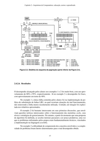 Figura 2.5. Detalhes do esquema de paginação (parte inferior da Figura 2.4).
2.4.2.6. Resultados
O desempenho alcançado pelos alunos nos exemplos 1 e 2 foi muito bom, com um apro-
veitamento de 80% e 95%, respectivamente. Já no exemplo 3 o desempenho foi fraco,
com aproveitamento em torno de 40%.
No exemplo 1 a única falha cometida pelos alunos foi na implementação da po-
lítica de substituição de linhas LRU, na qual ocorriam situações de mal funcionamento,
não removendo a linha menos recentemente utilizada. Contudo, tal situação foi explici-
tada nos relatórios apresentados.
O exemplo 2 foi bastante interessante em suas primeiras discussões, que envol-
viam questões teóricas interessantes sobre o funcionamento das memórias cache, seus
níveis e estratégias de gerenciamento. No entanto, a partir do momento que uma proposta
de algoritmo foi deﬁnida, as sessões tutoriais passaram a ser pouco produtivas, uma vez
que os problemas enfrentados pelos grupos eram fundamentalmente técnicos, vinculados
a implementação na linguagem assembly.
No exemplo 3 a diﬁculdade de compreensão dos conceitos envolvidos e a comple-
xidade do problema foram fatores determinantes para o mal desempenho obtido.
Capítulo 2 - Arquitetura de Computadores: educação, ensino e aprendizado
57
 