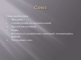 Схема анализа союза
I. Часть речи.
II. Сочинительный или подчинительный.
III. Простой или составной.
IV. Разряд.
V. Вид союза по употреблению: одиночный, повторяющийся,
двойной.
VI. Что соединяет союз.
 