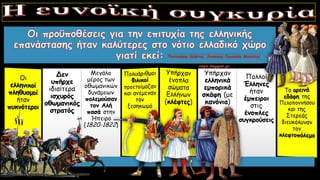 Δεν
υπήρχε
ιδιαίτερα
ισχυρός
οθωμανικός
στρατός
Μεγάλο
μέρος των
οθωμανικών
δυνάμεων
πολεμούσαν
τον Αλή
πασά στην
Ήπειρο
(1820-1822)
Υπήρχαν
ελληνικά
εμπορικά
σκάφη (με
κανόνια)
Πολλοί
Έλληνες
ήταν
έμπειροι
στις
ένοπλες
συγκρούσεις
 