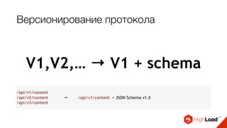 Версионирование протокола
V1,V2,… → V1 + schema
/api/v1/content
/api/v2/content → /api/v1/content + JSON Schema v1.X
/api/v3/content
 