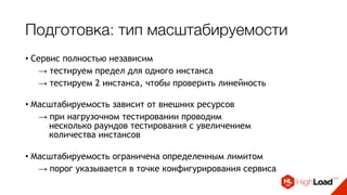 Подготовка: тип масштабируемости
• Сервис полностью независим
→ тестируем предел для одного инстанса
→ тестируем 2 инстанса, чтобы проверить линейность 
• Масштабируемость зависит от внешних ресурсов
→ при нагрузочном тестировании проводим 
несколько раундов тестирования с увеличением  
количества инстансов 
• Масштабируемость ограничена определенным лимитом
→ порог указывается в точке конфигурирования сервиса
 
