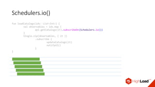 Schedulers.io()
fun loadCatalogs(ids: List<Int>) {
val observables = ids.map {
api.getCatalogs(it).subscribeOn(Schedulers.io())
}
Single.zip(observables, { it })
.subscribe {
updateCatalogs(it)
notifyUI()
}
}
 