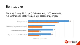 Бенчмарки
Samsung Galaxy S4 (2 cpus), 3G интернет, ~100 каталогов,
минимальная обработка данных, сервер отдает кэш
18
12
11
10
13
6
5
5
Последовательно
Параллельно Schedulers.newThread()
Параллельно Schedulers.io()
Параллельно newFixedThreadPool
JSON (gson) Protobuf (Wire)
 