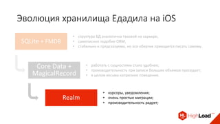 Эволюция хранилища Едадила на iOS
SQLite + FMDB
• структура БД аналогична таковой на сервере;
• самописное подобие ORM;
• стабильно и предсказуемо, но все обертки приходится писать самому.
Core Data +
MagicalRecord
• работать с сущностями стало удобнее;
• производительность при записи больших объемов проседает;
• в целом весьма капризное поведение.
Realm
• курсоры, уведомления;
• очень простые миграции;
• производительность радует;
 