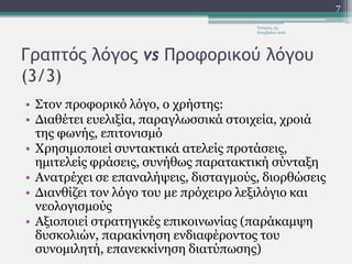 Γραπτός λόγος vs Προφορικού λόγου
(3/3)
• Στον προφορικό λόγο, ο χρήστης:
• Διαθέτει ευελιξία, παραγλωσσικά στοιχεία, χροιά
της φωνής, επιτονισμό
• Χρησιμοποιεί συντακτικά ατελείς προτάσεις,
ημιτελείς φράσεις, συνήθως παρατακτική σύνταξη
• Ανατρέχει σε επαναλήψεις, δισταγμούς, διορθώσεις
• Διανθίζει τον λόγο του με πρόχειρο λεξιλόγιο και
νεολογισμούς
• Αξιοποιεί στρατηγικές επικοινωνίας (παράκαμψη
δυσκολιών, παρακίνηση ενδιαφέροντος του
συνομιλητή, επανεκκίνηση διατύπωσης)
Τετάρτη, 23
Νοεμβρίου 2016
7
 