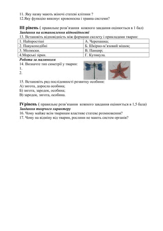 11. Яку назву мають жіночі статеві клітини ?
12.Яку функцію виконує кровоносна і травна системи?
ІІІ рівень ( правильне розв’язання кожного завдання оцінюється в 1 бал)
Завдання на встановлення відповідності
13. Встановіть відповідність між формами скелету і прикладами тварин:
1. Найпростіші А. Черепашка;
2. Павукоподібні Б. Шкірно-м’язовий мішок;
3. Молюски. В. Панцир;
4.Морські зірки. Г. Кутикула.
Робота за малюнком
14. Визначте тип симетрії у тварин:
1.
2.
15. Встановіть ряд послідовності розвитку особини:
А) зигота, доросла особина;
Б) зигота, зародок, особина;
В) зародок, зигота, особина.
ІVрівень ( правильне розв’язання кожного завдання оцінюється в 1,5 бала)
Завдання творчого характеру
16. Чому майже всім тваринам властиве статеве розмноження?
17. Чому на відміну від тварин, рослини не мають систем органів?
 