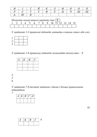 И І Ї Й К Л М Н О П
Р С Т У Ф Х Ц Ч Ш Щ
Ь Ю Я - ’
Позначте номер вашого варіанту так Х
1 2 3 4 5 6 7 8 9 10 11 12 13 14 15
У завданнях 1-3 правильні відповідь запишіть словами «так» або «ні»
1
2
3
У завданнях 1-6 правильну відповідь позначайте тільки так - Х
4
5
6
У завданнях 7-8 тестові завдання з двома і більше правильними
відповідями
7
А Б В Г Д
91
8
А Б В Г
А Б В Г
 
