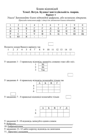 Бланк відповідей
Тема1. Вступ. Будова і життєдіяльність тварин.
Варіант 1
Увага! Заповнюйте бланк відповідей цифрами, або великими літерами.
Приклади написання цифр і літер для заповнення бланка відповідей.
1 2 3 4 5 6 7 8 9 0
А Б В Г Г Д Е Є Ж З
И І Ї Й К Л М Н О П
Р С Т У Ф Х Ц Ч Ш Щ
Ь Ю Я - ‘
Позначте номер Вашого варіанту так
1 2 3 4 5 6 7 8 9 10 11 12 13 14 15
У завданнях 1 – 3 правильну відповідь запишіть словами «так» або «ні».
1 Ні
2 Ні
3 Так
У завданнях 4 – 6 правильну відповідь позначайте тільки так
А Б В Г
4
5
6
У завданнях 7 – 8 правильні відповіді позначайте тільки
7
8
А Б В Г Д
У завданнях 9 –10 відповідь записуйте одним словом
9. Нейронів__________________________________________________.
10. Ембріональним___________________________________________.
У завданнях 11- 12 дайте коротку відповідь на запитання
11._Простим і складним______________________________________.
 