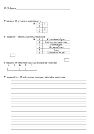12. Нейрони_________________________________________________.
У завданні 13 встановіть відповідність
13 А 4
Б 1
В 2
Г 3
У завданні 14 зробіть підписи до малюнків
14 1 Клітинна мембрана
2 Ендоплазматична сітка
3 Мітохондрія
4 Мікротрубочки
5 Ядро
6 Комплекс Гольджі
У завданні 15 правильні відповіді позначайте тільки так
А Б В Г Д
У завданні 16 – 17 дайте повну, поширену відповідь на питання
____________________________________________________________________
____________________________________________________________________
____________________________________________________________________
____________________________________________________________________
____________________________________________________________________
____________________________________________________________________
____________________________________________________________________
____________________________________________________________________
____________________________________________________________________
____________________________________________________________________
____________________________________________________________________
____________________________________________________________________
____________________________________________________________________
____________________________________________________________________
____________________________________________________________________
____________________________________________________________________
____________________________________________________________________
____________________________________________________________________
____________________________________________________________________
____________________________________________________________________
 