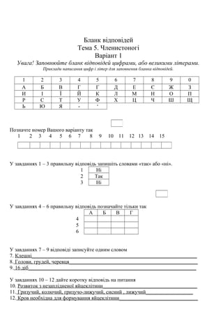 Бланк відповідей
Тема 5. Членистоногі
Варіант 1
Увага! Заповнюйте бланк відповідей цифрами, або великими літерами.
Приклади написання цифр і літер для заповнення бланка відповідей.
1 2 3 4 5 6 7 8 9 0
А Б В Г Г Д Е Є Ж З
И І Ї Й К Л М Н О П
Р С Т У Ф Х Ц Ч Ш Щ
Ь Ю Я - ‘
Позначте номер Вашого варіанту так
1 2 3 4 5 6 7 8 9 10 11 12 13 14 15
У завданнях 1 – 3 правильну відповідь запишіть словами «так» або «ні».
1 Ні
2 Так
3 Ні
У завданнях 4 – 6 правильну відповідь позначайте тільки так
А Б В Г
4
5
6
У завданнях 7 – 9 відповіді записуйте одним словом
7. Клешні_______________________________________________________________
8. Голови, грудей, черевця_________________________________________________
9. 16 діб________________________________________________________________
У завданнях 10 – 12 дайте коротку відповідь на питання
10. Розвиток з незаплідненої яйцеклітини____________________________________
11. Гризучий, колючий, гризучо-лижучий, сисний , лижучий__________________
12. Кров необхідна для формування яйцеклітини______________________________
 