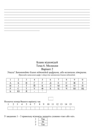 ___________________________________________________________________________
___________________________________________________________________________
___________________________________________________________________________
___________________________________________________________________________
___________________________________________________________________________
___________________________________________________________________________
___________________________________________________________________________
___________________________________________________________________________
_______________________________
Бланк відповідей
Тема 6. Молюски
Варіант 2
Увага! Заповнюйте бланк відповідей цифрами, або великими літерами.
Приклади написання цифр і літер для заповнення бланка відповідей.
1 2 3 4 5 6 7 8 9 0
А Б В Г Г Д Е Є Ж З
И І Ї Й К Л М Н О П
Р С Т У Ф Х Ц Ч Ш Щ
Ь Ю Я - ‘
Позначте номер Вашого варіанту так
1 2 3 4 5 6 7 8 9 10 11 12 13 14 15
У завданнях 1 – 3 правильну відповідь запишіть словами «так» або «ні».
1 Так
2 Ні
3 Так
 