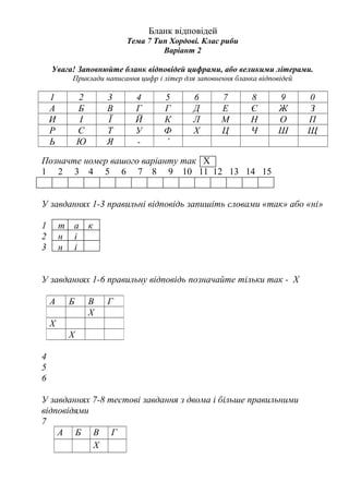 Бланк відповідей
Тема 7 Тип Хордові. Клас риби
Варіант 2
Увага! Заповнюйте бланк відповідей цифрами, або великими літерами.
Приклади написання цифр і літер для заповнення бланка відповідей
1 2 3 4 5 6 7 8 9 0
А Б В Г Г Д Е Є Ж З
И І Ї Й К Л М Н О П
Р С Т У Ф Х Ц Ч Ш Щ
Ь Ю Я - ’
Позначте номер вашого варіанту так Х
1 2 3 4 5 6 7 8 9 10 11 12 13 14 15
У завданнях 1-3 правильні відповідь запишіть словами «так» або «ні»
1 т а к
2 н і
3 н і
У завданнях 1-6 правильну відповідь позначайте тільки так - Х
4
5
6
У завданнях 7-8 тестові завдання з двома і більше правильними
відповідями
7
А Б В Г
Х
А Б В Г
Х
Х
Х
 