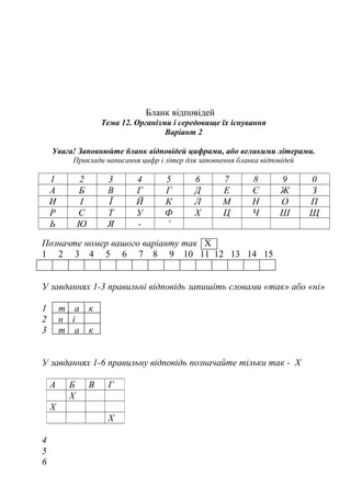 Бланк відповідей
Тема 12. Організми і середовище їх існування
Варіант 2
Увага! Заповнюйте бланк відповідей цифрами, або великими літерами.
Приклади написання цифр і літер для заповнення бланка відповідей
1 2 3 4 5 6 7 8 9 0
А Б В Г Г Д Е Є Ж З
И І Ї Й К Л М Н О П
Р С Т У Ф Х Ц Ч Ш Щ
Ь Ю Я - ’
Позначте номер вашого варіанту так Х
1 2 3 4 5 6 7 8 9 10 11 12 13 14 15
У завданнях 1-3 правильні відповідь запишіть словами «так» або «ні»
1 т а к
2 н і
3 т а к
У завданнях 1-6 правильну відповідь позначайте тільки так - Х
4
5
6
А Б В Г
Х
Х
Х
 