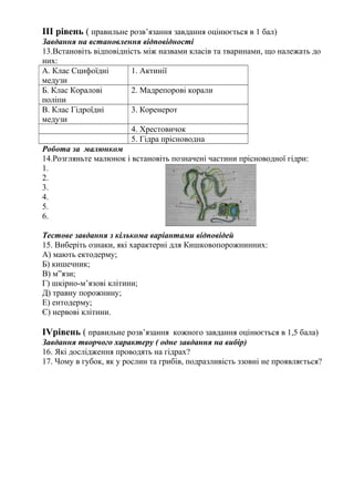 ІІІ рівень ( правильне розв’язання завдання оцінюється в 1 бал)
Завдання на встановлення відповідності
13.Встановіть відповідність між назвами класів та тваринами, що належать до
них:
А. Клас Сцифоїдні
медузи
1. Актинії
Б. Клас Коралові
поліпи
2. Мадрепорові корали
В. Клас Гідроїдні
медузи
3. Коренерот
4. Хрестовичок
5. Гідра прісноводна
Робота за малюнком
14.Розгляньте малюнок і встановіть позначені частини прісноводної гідри:
1.
2.
3.
4.
5.
6.
Тестове завдання з кількома варіантами відповідей
15. Виберіть ознаки, які характерні для Кишковопорожнинних:
А) мають ектодерму;
Б) кишечник;
В) м”язи;
Г) шкірно-м’язові клітини;
Д) травну порожнину;
Е) ентодерму;
Є) нервові клітини.
ІVрівень ( правильне розв’язання кожного завдання оцінюється в 1,5 бала)
Завдання творчого характеру ( одне завдання на вибір)
16. Які дослідження проводять на гідрах?
17. Чому в губок, як у рослин та грибів, подразливість ззовні не проявляється?
 