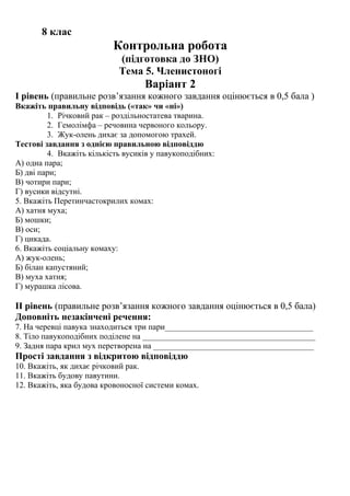 8 клас
Контрольна робота
(підготовка до ЗНО)
Тема 5. Членистоногі
Варіант 2
І рівень (правильне розв’язання кожного завдання оцінюється в 0,5 бала )
Вкажіть правильну відповідь («так» чи «ні»)
1. Річковий рак – роздільностатева тварина.
2. Гемолімфа – речовина червоного кольору.
3. Жук-олень дихає за допомогою трахей.
Тестові завдання з однією правильною відповіддю
4. Вкажіть кількість вусиків у павукоподібних:
А) одна пара;
Б) дві пари;
В) чотири пари;
Г) вусики відсутні.
5. Вкажіть Перетинчастокрилих комах:
А) хатня муха;
Б) мошки;
В) оси;
Г) цикада.
6. Вкажіть соціальну комаху:
А) жук-олень;
Б) білан капустяний;
В) муха хатня;
Г) мурашка лісова.
ІІ рівень (правильне розв’язання кожного завдання оцінюється в 0,5 бала)
Доповніть незакінчені речення:
7. На черевці павука знаходиться три пари____________________________________
8. Тіло павукоподібних поділене на __________________________________________
9. Задня пара крил мух перетворена на _______________________________________
Прості завдання з відкритою відповіддю
10. Вкажіть, як дихає річковий рак.
11. Вкажіть будову павутини.
12. Вкажіть, яка будова кровоносної системи комах.
 
