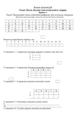Бланк відповідей
Тема1. Вступ. Будова і життєдіяльність тварин.
Варіант 1
Увага! Заповнюйте бланк відповідей цифрами, або великими літерами.
Приклади написання цифр і літер для заповнення бланка відповідей.
1 2 3 4 5 6 7 8 9 0
А Б В Г Г Д Е Є Ж З
И І Ї Й К Л М Н О П
Р С Т У Ф Х Ц Ч Ш Щ
Ь Ю Я - ‘
Позначте номер Вашого варіанту так
1 2 3 4 5 6 7 8 9 10 11 12 13 14 15
У завданнях 1 – 3 правильну відповідь запишіть словами «так» або «ні».
1
2
3
У завданнях 4 – 6 правильну відповідь позначайте тільки так
А Б В Г
4
5
6
У завданнях 7 – 8 правильні відповіді позначайте тільки
7
8
А Б В Г Д
У завданнях 9 –10 відповідь записуйте одним словом
9.________________________________________________________.
10._________________________________________________________.
У завданнях 11- 12 дайте коротку відповідь на запитання
 