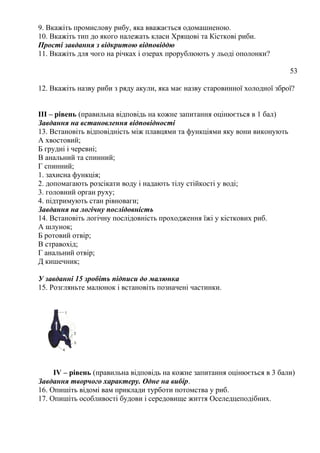 9. Вкажіть промислову рибу, яка вважається одомашненою.
10. Вкажіть тип до якого належать класи Хрящові та Кісткові риби.
Прості завдання з відкритою відповіддю
11. Вкажіть для чого на річках і озерах прорублюють у льоді ополонки?
53
12. Вкажіть назву риби з ряду акули, яка має назву старовинної холодної зброї?
III – рівень (правильна відповідь на кожне запитання оцінюється в 1 бал)
Завдання на встановлення відповідності
13. Встановіть відповідність між плавцями та функціями яку вони виконують
А хвостовий;
Б грудні і черевні;
В анальний та спинний;
Г спинний;
1. захисна функція;
2. допомагають розсікати воду і надають тілу стійкості у воді;
3. головний орган руху;
4. підтримують стан рівноваги;
Завдання на логічну послідовність
14. Встановіть логічну послідовність проходження їжі у кісткових риб.
А шлунок;
Б ротовий отвір;
В стравохід;
Г анальний отвір;
Д кишечник;
У завданні 15 зробіть підписи до малюнка
15. Розгляньте малюнок і встановіть позначені частинки.
IV – рівень (правильна відповідь на кожне запитання оцінюється в 3 бали)
Завдання творчого характеру. Одне на вибір.
16. Опишіть відомі вам приклади турботи потомства у риб.
17. Опишіть особливості будови і середовище життя Оселедцеподібних.
 