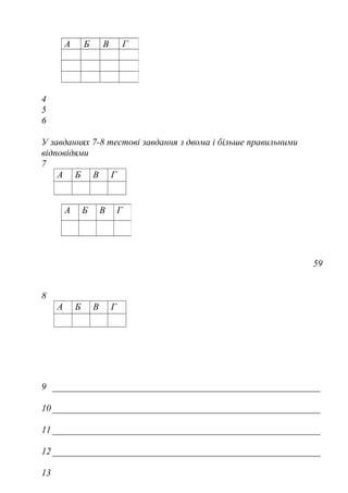 4
5
6
У завданнях 7-8 тестові завдання з двома і більше правильними
відповідями
7
А Б В Г
59
8
А Б В Г
9
10
11
12
13
А Б В Г
А Б В Г
 