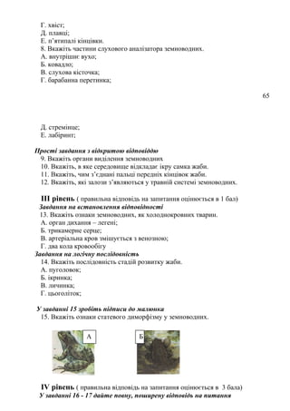 Г. хвіст;
Д. плавці;
Е. п’ятипалі кінцівки.
8. Вкажіть частини слухового аналізатора земноводних.
А. внутрішнє вухо;
Б. ковадло;
В. слухова кісточка;
Г. барабанна перетинка;
65
Д. стремінце;
Е. лабіринт;
Прості завдання з відкритою відповіддю
9. Вкажіть органи виділення земноводних
10. Вкажіть, в яке середовище відкладає ікру самка жаби.
11. Вкажіть, чим з’єднані пальці передніх кінцівок жаби.
12. Вкажіть, які залози з’являються у травній системі земноводних.
ІІІ рівень ( правильна відповідь на запитання оцінюється в 1 бал)
Завдання на встановлення відповідності
13. Вкажіть ознаки земноводних, як холоднокровних тварин.
А. орган дихання – легені;
Б. трикамерне серце;
В. артеріальна кров змішується з венозною;
Г. два кола кровообігу
Завдання на логічну послідовність
14. Вкажіть послідовність стадій розвитку жаби.
А. пуголовок;
Б. ікринка;
В. личинка;
Г. цьоголіток;
У завданні 15 зробіть підписи до малюнка
15. Вкажіть ознаки статевого диморфізму у земноводних.
IV рівень ( правильна відповідь на запитання оцінюється в 3 бала)
У завданні 16 - 17 дайте повну, поширену відповідь на питання
А Б
 