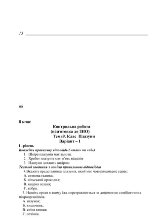 15
68
8 клас
Контрольна робота
(підготовка до ЗНО)
Тема9. Клас Плазуни
Варіант – І
І –рівень
Вкажіть правильну відповідь ( «так» чи «ні»)
1. Шкіра плазунів має залози.
2. Хребет плазунів має п’ять відділів
3. Плазуни дихають шкірою
Тестові завдання з однією правильною відповіддю
4.Вкажіть представника плазунів, який має чотирикамерне серце:
А. степова гадюка;
Б. нільський крокодил;
В. ящірка зелена;
Г. кобра.
5. Назвіть орган в якому їжа перетравлюється за допомогою симбіотичних
мікроорганізмів.
А. шлунок;
Б. кишечник;
В. сліпа кишка;
Г. печінка.
 
