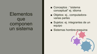Elementos
que
componen
un sistema
■ Conceptos : “sistema
conceptual” ej. idioma
■ Objetos: ej., computadora-
varias partes
■ Sujetos: ej. integrantes de un
equipo
■ Sistemas hombre-maquina
 