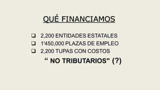 QUÉ FINANCIAMOS
 2,200 ENTIDADES ESTATALES
 1'450,000 PLAZAS DE EMPLEO
 2,200 TUPAS CON COSTOS
“ NO TRIBUTARIOS" (?)
 