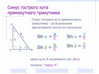 Синус гострого кута
прямокутного трикутника
А
ВС


a
b
c Sin  =
Sin  =
a
c
b
c
Синус гострого кута прямокутного
трикутника – це відношення
протилежного катета до гіпотенузи.
синус кута А позначають так: sin A
читають: “синус А”
3
4 5Sin  =
3
Sin  =
5
4
5
 