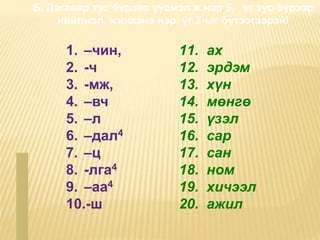 1. –чин,
2. -ч
3. -мж,
4. –вч
5. –л
6. –дал4
7. –ц
8. -лга4
9. –аа4
10.-ш
11. ах
12. эрдэм
13. хүн
14. мөнгө
15. үзэл
16. сар
17. сан
18. ном
19. хичээл
20. ажил
Б. Дагавар тус бүрээр үүсмэл ж.нэр 5, үг тус бүрээр
нийлмэл жинхэнэ нэр үг 2-ыг бүтээгээрэй!
 