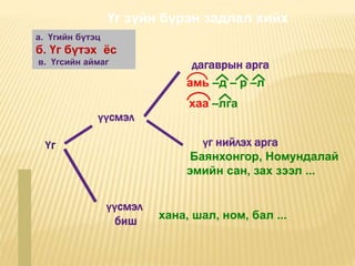 Үг
үүсмэл
үүсмэл
биш
дагаврын арга
үг нийлэх арга
амь –д – р –л
Баянхонгор, Номундалай
эмийн сан, зах зээл ...
хаа –лга
хана, шал, ном, бал ...
Үг зүйн бүрэн задлал хийх
а. Үгийн бүтэц
б. Үг бүтэх ёс
в. Үгсийн аймаг
 