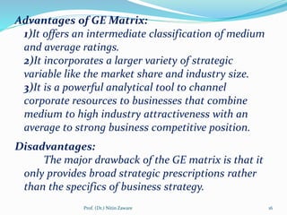 Advantages of GE Matrix:
1)It offers an intermediate classification of medium
and average ratings.
2)It incorporates a larger variety of strategic
variable like the market share and industry size.
3)It is a powerful analytical tool to channel
corporate resources to businesses that combine
medium to high industry attractiveness with an
average to strong business competitive position.
Disadvantages:
The major drawback of the GE matrix is that it
only provides broad strategic prescriptions rather
than the specifics of business strategy.
16Prof. (Dr.) Nitin Zaware
 