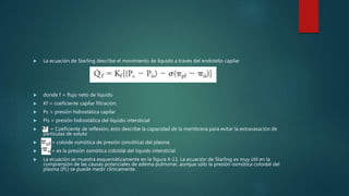  La ecuación de Starling describe el movimiento de líquido a través del endotelio capilar
 donde f = flujo neto de líquido
 Kf = coeficiente capilar filtración;
 Pc = presión hidrostática capilar
 Pis = presión hidrostática del líquido intersticial
 = Coeficiente de reflexión; esto describe la capacidad de la membrana para evitar la extravasación de
partículas de soluto
 = coloide osmótica de presión (oncótica) del plasma
 = es la presión osmótica coloidal del líquido intersticial
 La ecuación se muestra esquemáticamente en la figura 4-11. La ecuación de Starling es muy útil en la
comprensión de las causas potenciales de edema pulmonar, aunque sólo la presión osmótica coloidal del
plasma (PL) se puede medir clínicamente.
 