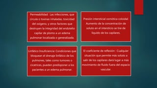 El coeficiente de reflexión : Cualquier
situación que permite más soluto a
salir de los capilares dará lugar a más
movimiento de fluido fuera del espacio
vascular.
Presión intersticial osmótica coloidal:
Aumento de la concentración de
soluto en el intersticio se tire de
líquido de los capilares.
Linfático Insuficiencia: Condiciones que
bloquean el drenaje linfático de los
pulmones, tales como tumores o
cicatrices, pueden predisponer a los
pacientes a un edema pulmonar.
Permeabilidad: Las infecciones, que
circula o toxinas inhaladas, toxicidad
del oxígeno, y otros factores que
destruyen la integridad del endotelio
capilar de plomo a un edema
pulmonar localizada o generalizada.
 
